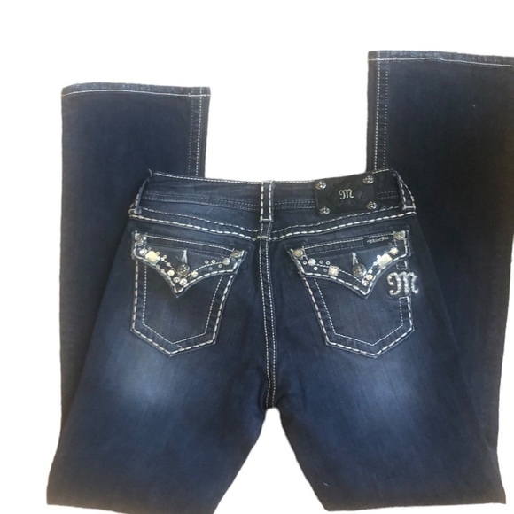 Miss Me Bling Jeans 27X32”Dark Denim Stretch Boot Cut Embellished Back Pockets - Picture 1 of 9